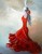 Jeune femme espagnole dansant le flamenco, en robe rouge à volants, dans un halo de lumière.