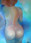 Une femme nue de dos, dans une ambiance bleutée.